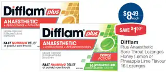 Pharmacist Advice Difflam Plus Anaesthetic Sore Throat Lozenge Honey Lemon or Pineapple Lime Flavour 16 Lozenges. offer
