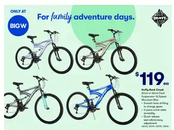 BIG W Huffy Rock Creek 60cm or 66cm Dual Suspension 18 Speed Mountain Bike offer