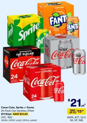 Coca-Cola, Sprite or Fanta 24 Pack 375ml 370739, 370757, 42605, 370743, 669683