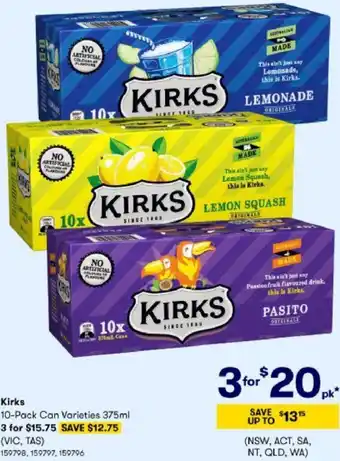 BIG W Kirks 10 Pack Can Varieties 375ml 159798, 159797, 159796 offer