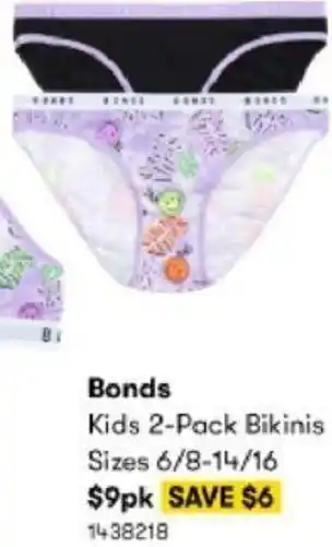 BIG W Bonds Kids 2-Pack Bikinis Sizes 6/8-14/16 1438218 offer