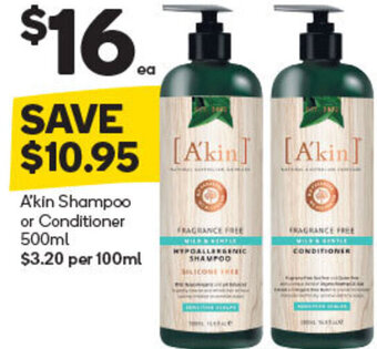 Woolworths A'kin Shampoo or Conditioner 500ml offer