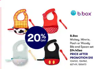 BIG W B.Box Mickey, Minnie, Pooh or Woody Bib and Spoon Set offer
