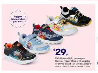 BIG W Kids License Light Up Joggers Blaze or Frozen Sizes 6-12, Wiggles or Emma Sizes 5-10, Minions Sizes 8-1 offer