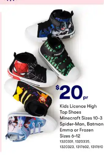 BIG W Kids License High Top Shoes Minecraft Sizes 10-3 Spider-Man, Batman Emma or Frozen Sizes 6-12 offer