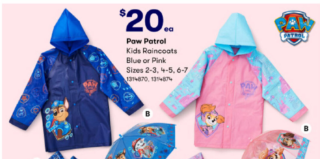 Paw Patrol Kids Raincoats Blue or Pink 