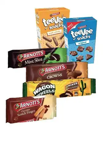 Coles Arnottu2019s Chocolate Tee Vee Snacks, Mint Slice, Caramel Crowns, Half Coat Scotch Finger or Mini Wagon Wheel Biscuits 165g- offer