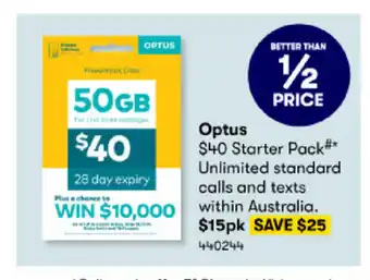BIG W Optus $40 Dollar Starter Pack Unlimited standard Calls and Texts within Australia offer