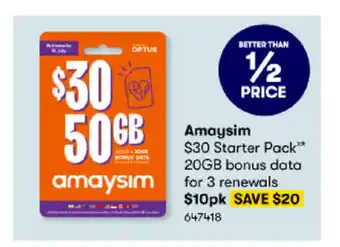 BIG W Amaysim $30 Starter pack 20GB Bonus Data for 3 Renewals offer