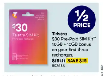 BIG W Telstra $30 Pre-Paid Sin Kit 10GB + 15GB bonus on your First three recharges offer