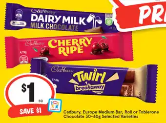 IGA Cadbury, Europe Medium Bar, Roll or Toblerone Chocolate 30-60g offer