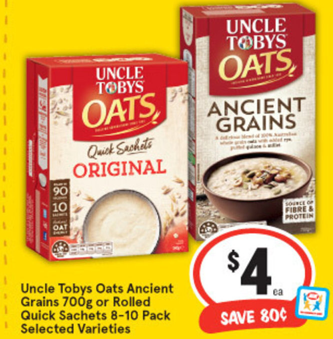 Uncle Tobys Oats Ancient Grains 700g or Rolled Quick Sachets 810 Pack