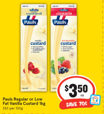 IGA Pauls Regular or Low Fat Vanilla Custard 1kg offer