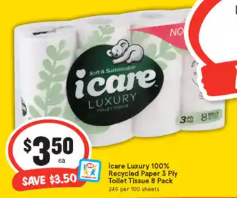 IGA icare Luxury 100% Recycle Paper 3 Ply Toilet Tissue 8 Pack offer