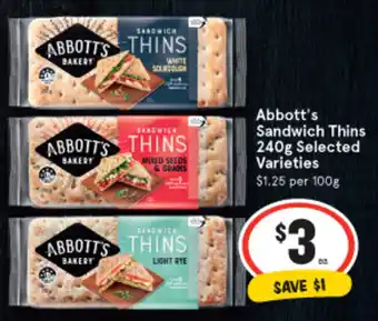 IGA Abbott's Sandwich Thins 240g offer
