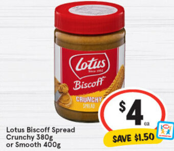 IGA Lotus Biscoff Spread Crunchy 380g or Smooth 400g offer