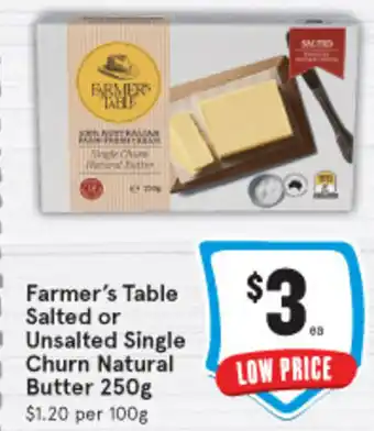 IGA Farmer's Table Salted or Unsalted Single Churn Natural Butter 250g offer