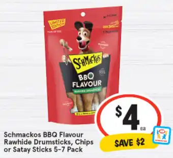IGA Schmackos BBQ Flavour Rawhide Drumsticks, Chips or Satay Sticks 5-7 Pack offer
