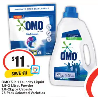 IGA OMO 3 in 1 Laundry Liquid 1.8-2 Litre, Powder 1.8-2kg or Capsule 28 Pack offer
