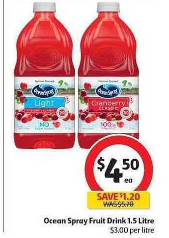 Coles Ocean Spray Fruit Drink 1.5 Litre offer