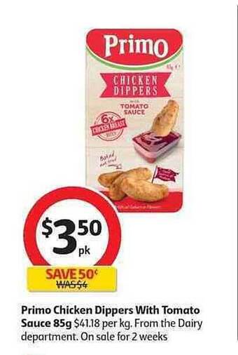 Coles Primo Chicken Dippers With Tomato Sauce 85g offer