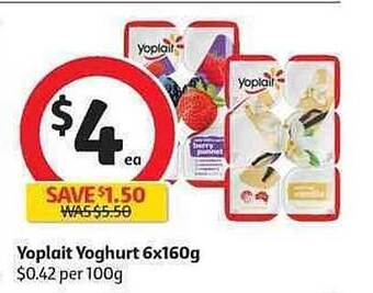 Coles Yoplait Yoghurt 6x160g offer