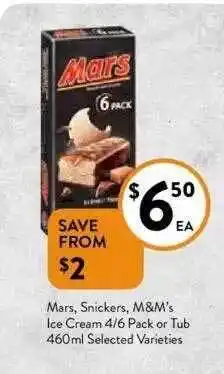 Foodworks Mars, Snickers, M&M's Ice Cream 4-6 Pack Or Tub 460ml offer