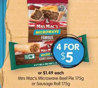 Spudshed Mrs Mac's Microwave Beef Pie 175g Or Sausage Roll 175g offer