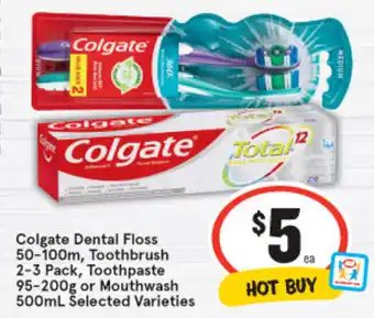 IGA Colgate Dental FLoss 50-100m, Toothbrush 2-3 Pack, Toothpaste 95-200g or Mouthwash 500ml offer