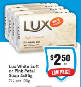 IGA Lux White Soft or Pink Petal Soap 4x85g offer