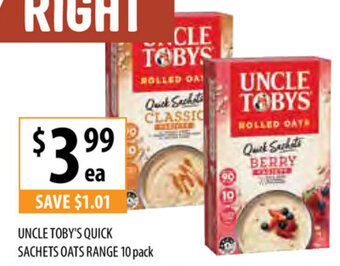 Supabarn Uncle Toby's Quick Sachets Oats Range 10 Pack offer