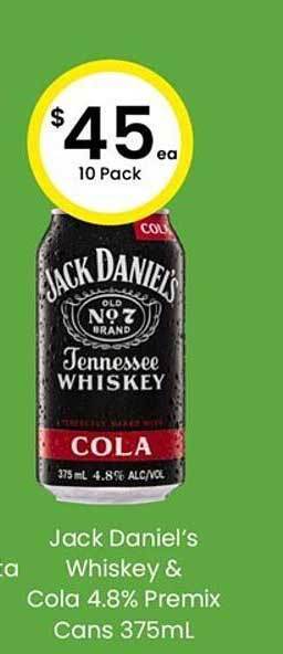 The Bottle O Jack Daniel's Whiskey & Cola 4.8% Premix Cans offer