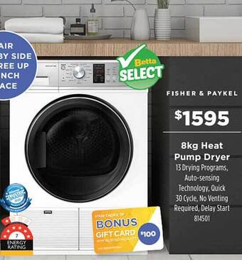 Betta Fisher & Paykel 8kg Heat Pump Dryer offer
