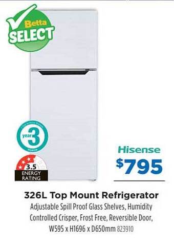 Betta Hisense 326l Top Mount Refrigerator offer