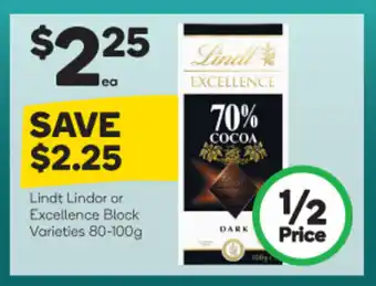 Woolworths Lindt Lindor Excellence Block Varieties 80-100g offer