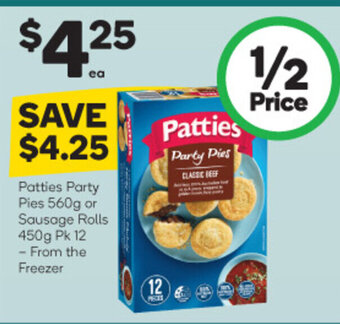 Woolworths Patties Party Pies 560g or Sausage Rolls 450g Pk 12 offer