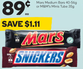 Woolworths Mars Medium Bars 40-56g or M&M's Minis Tube 35g offer
