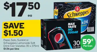 Woolworths Pepsi, Solo, Sunkist or Schweppes Lemonade Soft Drink Can Varieties 30x375ml offer