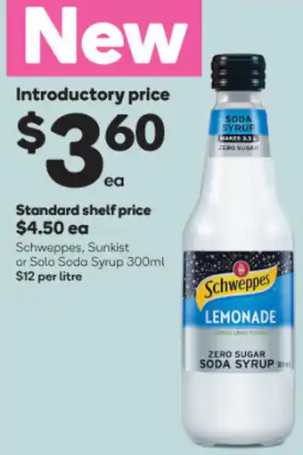 Woolworths Schweppes, Sunkist or Solo Soda Syrup 300ml offer