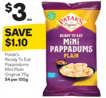 Woolworths Patak's Ready to Eat Pappadums Mini Plain Original 75g offer