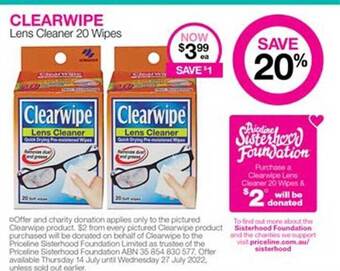 Priceline Clearwipe Lens Cleaner 20 Wipes offer