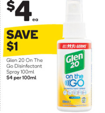 Woolworths Glen 20 On the Go Disinfectant Spray 100ml offer