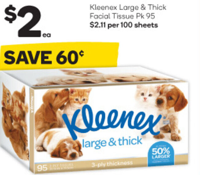 Kleenex Large & Thick Facial Tissues Pk 95 offer at Woolworths