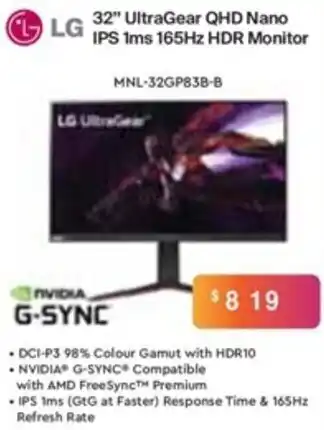 Leader Computers LG 32" UltraGear QHD Nano IPS 1ms 165Hz HDR Monitor offer