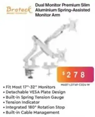 Leader Computers Dual Monitor Premium Slim Aluminium Spring-Assisted Monitor Arm offer
