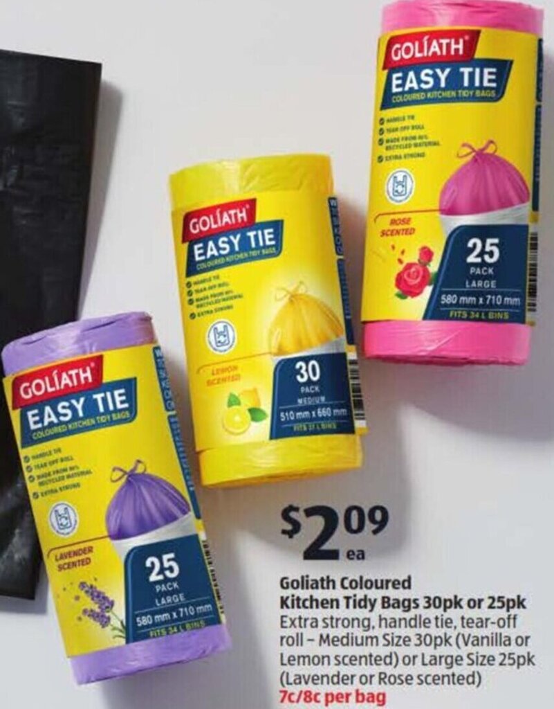 Goliath Coloured Kitchen Tidy Bags 30pk or 25pk offer at ALDI