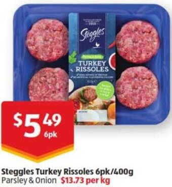 ALDI Steggles Turkey Rissoles 6pk/400g offer