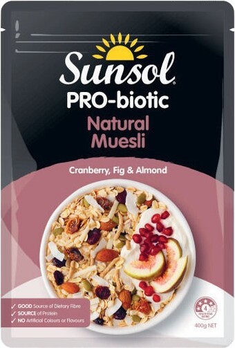 Coles Sunsol Probiotic Cranberry, Fig & Almond Natural Muesli 400g offer