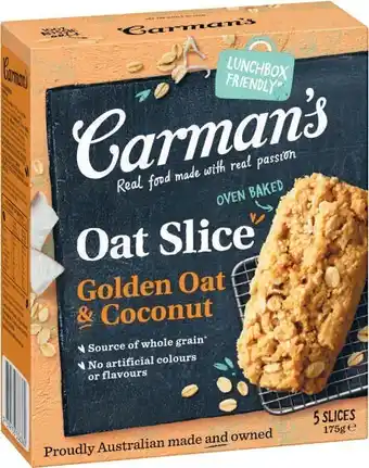 Coles Carman’s Aussie Oat Bars 180g or Slices 175g offer