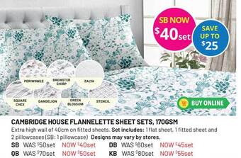 Lincraft Cambridge House Flannelette Sheet Sets, 170gsm offer